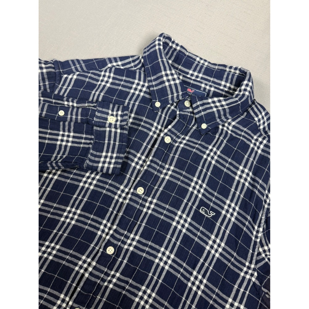 Vineyard Vines Mens Large Classic Fit Whale Shirt Navy Blue White Plaid Cotton